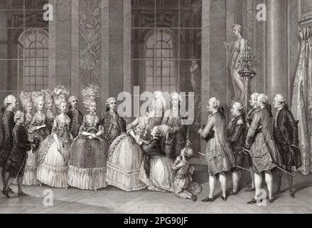 Marie Antoinette, wife of King Louis XVI of France, and her entourage visited by the Bellegarde family who wished to thank her for arranging the release of Messieurs Bellegarde and Moustiers.  The two men had been imprisoned unjustly and Marie Antoinette arranged for their case to be reopened which resulted in their innocence being proven.  Marie Antionette’s many humane acts have been overlooked in popular history.  After an engraving by Antoine Jean Duclos. Stock Photo