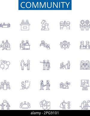 Community line icons signs set. Design collection of Society, Fellowship, Network, Clan, Congregation, Group, Alliance, Tribe outline concept vector Stock Vector