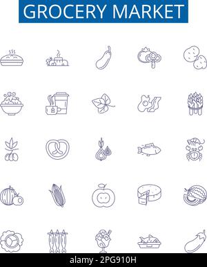 Grocery market line icons signs set. Design collection of Groceries, Market, Supermarket, Shopping, Fruits, Vegetables, Dairy, Staples outline concept Stock Vector