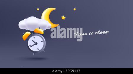 Crescent, stars, clouds, clock symbolizes moon in dark blue sky, 3d render illustration, render 3d style vector Stock Vector