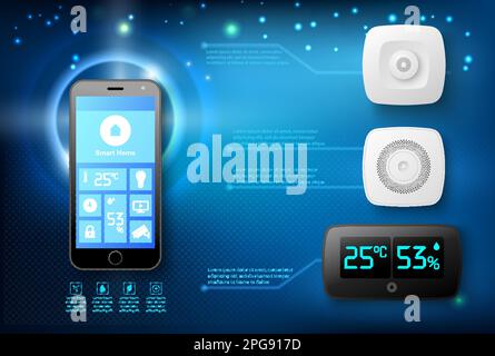 Smart sensors at home controlled by mobile phone. Internet of things technology and automation system for residential house. Stock Vector