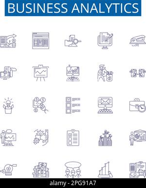Business analytics line icons signs set. Design collection of Analytics, Business, Forecasting, Data, Insights, Intelligence, Modeling, Strategy Stock Vector