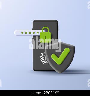 3d render illustration of a smartphone with fingerprint password with protection shield and padlock in black and green colours Stock Vector