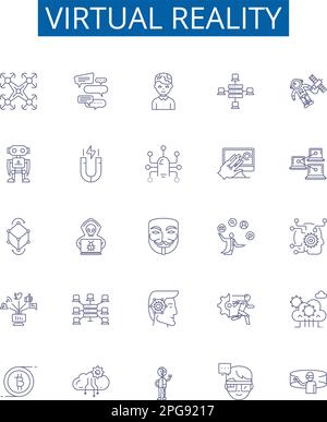 Virtual reality line icons signs set. Design collection of Virtual, Reality, Augmented, Simulation, 3D, Immersive, headset, VR outline concept vector Stock Vector