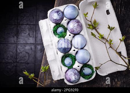 Festive Easter eggs in purple and blue color Stock Photo
