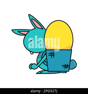 Easter blue bunny holding Easter eggs. flat vector illustration Stock Vector