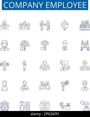 Company employee line icons signs set. Design collection of Staff, Co worker, Personnel, Colleague, Associate, Employer, Hire, Supervisor outline Stock Vector