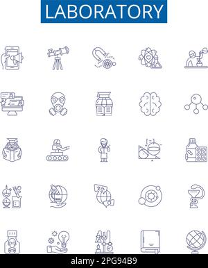 Laboratory line icons signs set. Design collection of Lab, Research, Test, Experiment, Experimentation, Analysis, Chemistry, Assay outline concept Stock Vector