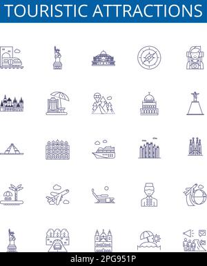 Touristic attractions line icons signs set. Design collection of Attractions, Tourism, Sites, Sightseeing, Vacations, Places, Views, Excursions Stock Vector