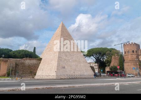 Rome, Italy - December 8, 2022: Pyramid of Caius Cestius, ancient pyramid in Rome. Stock Photo