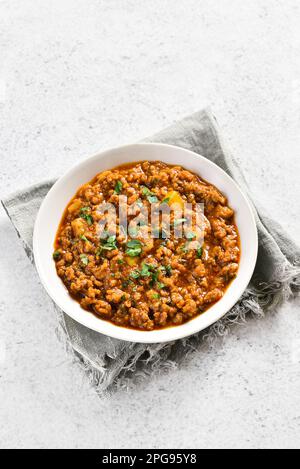 Keema curry in bowl over light stone background with copy space. Indian and pakistani style dish. Stock Photo