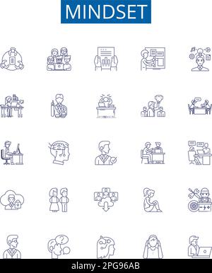 Mindset line icons signs set. Design collection of Attitude, Outlook, Perspective, Psyche, Disposition, Worldview, Thinking, Tenor outline concept Stock Vector