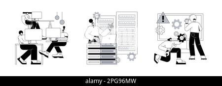 Computers and software abstract concept vector illustration set. Computer lab, system administration, troubleshooting, information technology, network upkeeping, operating system abstract metaphor. Stock Vector