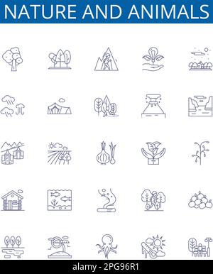 Nature and animals line icons signs set. Design collection of Nature, Animals, Fauna, Flora, Wildlife, Habitat, Ecosystem, Birds outline concept Stock Vector