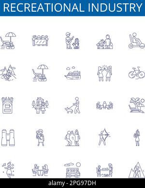 Recreational industry line icons signs set. Design collection of Hiking, Boating, Skiing, Fishing, Camping, Swimming, Surfing, Kayaking outline Stock Vector