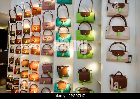 Mexico City,Polanco Antara,upscale open-air shopping center mall,Longchamp luxury brand,Le Pliage totes handbags,inside interior indoors,store stores Stock Photo