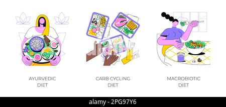 Healthy nutrition plan isolated cartoon vector illustrations set. Ayurvedic food philosophy, meal bowl, carb cycling plan, lunchbox with different food proportions, macrobiotic diet vector cartoon. Stock Vector