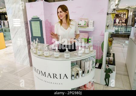 Mexico City,Polanco,El Palacio de Hierro,luxury department store,Aromaria Interior Fragrances sample tester kiosk,woman women lady female,adult adults Stock Photo