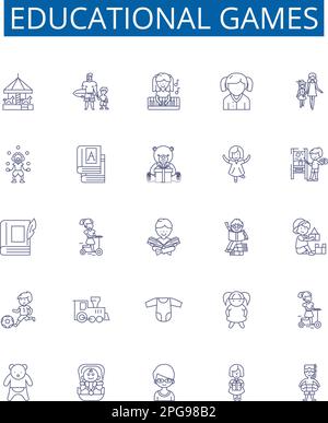 Educational games line icons signs set. Design collection of Educational, Games, Learning, Teaching, Puzzles, Quizzes, Gameshows, Simulations outline Stock Vector