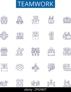 Teamwork line icons signs set. Design collection of Collaboration, Cooperation, Synergy, Affinity, Union, Joint, Unity, Alliance outline concept Stock Vector