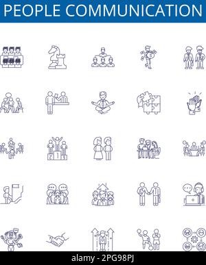 People communication line icons signs set. Design collection of Dialog, Chatting, Conversing, Networking, Corresponding, Phoning, Interacting Stock Vector