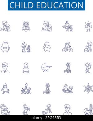 Child education line icons signs set. Design collection of Child, education, kindergarten, preschool, tutor, learning, scholar, instructor outline Stock Vector