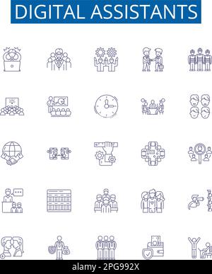 Digital assistants line icons signs set. Design collection of Virtual, Assistants, Digital, Siri, Alexa, Cortana, Bixby, Google outline concept vector Stock Vector