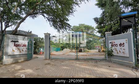 Bangalore,Karnataka,India-September 18 2022: Entrance board of beautiful Agara lake. Well maintained lake in Bangalore for walking, relaxation etc. Stock Photo