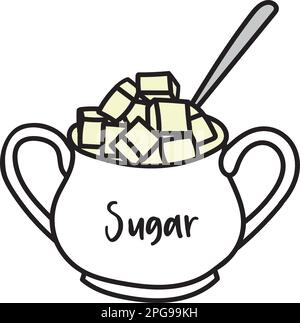 CERAMIC SUGAR BOWL WITH SUGAR CUBES AND SPOON Stock Vector