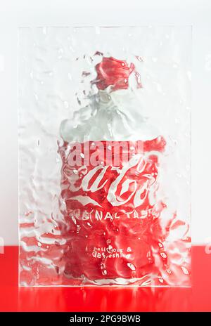 Nha Trang, Vietnam - march 2023. Coca Cola aluminium bottle. Creative red white still life of soda pop bottle. Stock Photo