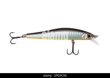 Plastic wobbler in the form of a silver fish close-up isolated on white Stock Photo