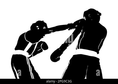 black silhouette boxer straight right punch to head fight boxing on white background, sports illustration Stock Photo