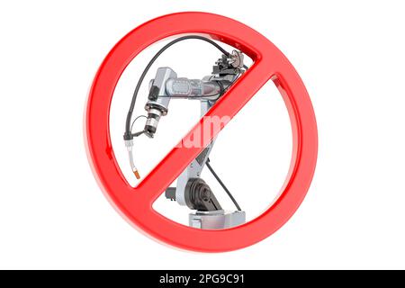 Robot welding with forbidden symbol, 3D rendering isolated on white background Stock Photo