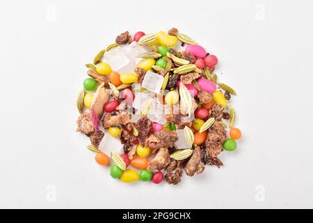 Top view of sugar coated saunf on white background, mouth freshener Stock Photo