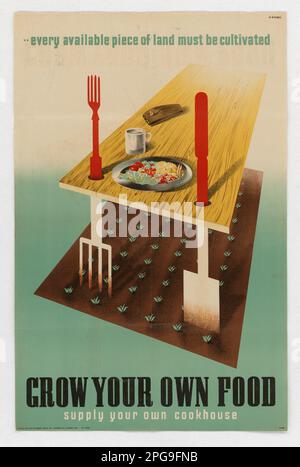 Every Available Piece of Land Must Be Cultivated - Grow Your Own Food - Supply Your Own Cookhouse. Country: England Artist: Abram Games Printed By: J. Weiner, Ltd.. 1942 - 1945.  Office for Emergency Management. Office of War Information. Domestic Operations Branch. Bureau of Special Services. 3/9/1943-9/15/1945. World War II Foreign Posters Stock Photo