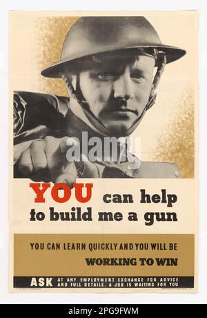 You Can Help to Build Me a Gun. Country: England Printed By: J. Weiner, Ltd. Contributor: Her Majesty's Stationery Office; Ministry of Labour and National Service. 1942 - 1945.  Office for Emergency Management. Office of War Information. Domestic Operations Branch. Bureau of Special Services. 3/9/1943-9/15/1945. World War II Foreign Posters Stock Photo