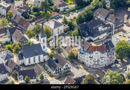 Aerial view, town center with the evang. Johanneskirche in the district Voerde in Ennepetal, Ruhr area, North Rhine-Westphalia, Germany, place of wors Stock Photo