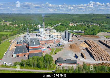 Aerial view over the Nordic Paper Bäckhammar AB paper mill and sulfate pulp factory at Kristinehamn, Värmland, Sweden, Scandinavia Stock Photo