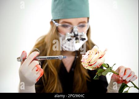 An allegorical woman receives a cosmetic injectionA beautiful woman receives an injection of Botox in her face.adult girl receives a cosmetic Botox injection at the clinic. Beauty treatments Stock Photo