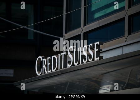 MILAN, ITALY - MARCH 21: Credit Suisse swiss bank in Milan, Italy on March 21, 2023. Rival bank UBS will acquire Credit Suisse for 3 billion Swiss francs, equivalent of $3.24 billion. Credit: Piero Cruciatti/Alamy Live News Stock Photo