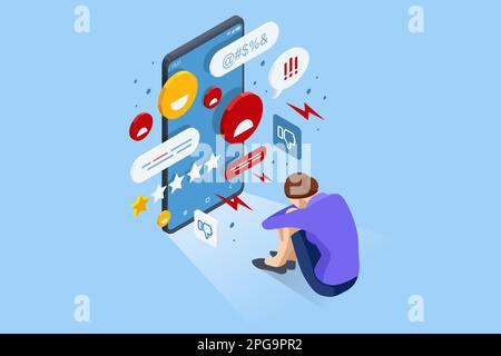 Isometric Cyberbullying or Bad Influence on the Internet. Cyberbullying Victim. Young Woman Crying in Front of Laptop Screen Due to Haters Messages. Stock Vector