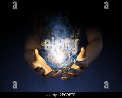 Open hands creating a glowing energy mass. Digital illustration, 3D rendering. Stock Photo