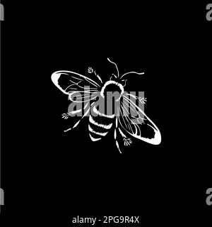 Minimalistic honeybee logo template, white icon of bee silhouette on black background, bumblebee modern logotype concept, sketch, tattoo. Vector Stock Vector