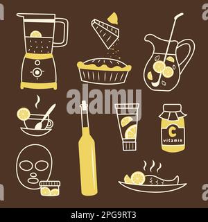 Collection of cool linear icons with dishes, drinks, recipes, cosmetics using lemons. Blender, pie, tea, lemonade, limoncello, mask, cream, vitamin C, Stock Vector