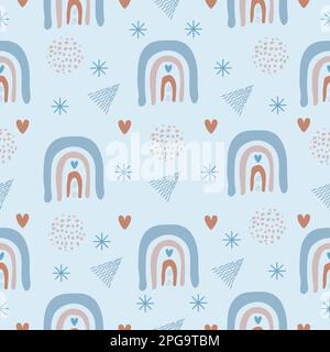 Cute boho seamless pattern with blue background, rainbows, hearts and abstract elements Stock Vector