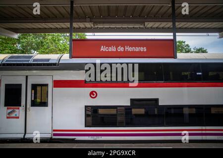 Alcala de Henares train station in Madrid, Spain. Cervantes Train between Atocha Station and Alcala de Henares.   Created in 1997, the Cervantes Train Stock Photo