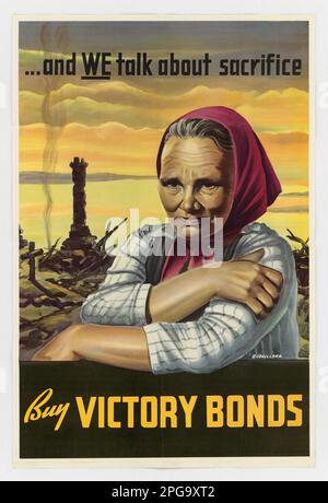 'And We Talk about Sacrifice' is a World War II foreign poster created by R. Couillard in 1942-1945. Produced by the Office for Emergency Management and Office of War Information, it features a powerful image of a soldier and highlights the sacrifices made during wartime. Stock Photo