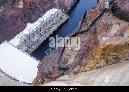 Hoover Dam Lake Mead aerial in Black Canyon of Colorado River in Clark County Nevada/Arizona. Water reservoir visitor center. Fuel, power, energy USA Stock Photo