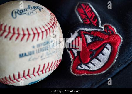 May 19, 2018: The Chief Wahoo logo can be seen on the sleeve of an Indians  jersey worn by Francisco Lindor during a Major League Baseball game between  the Houston Astros and