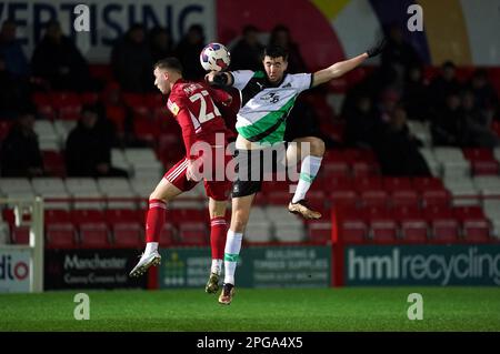 Accrington Stanley's Dan Martin and Plymouth Argyle's Finn Azaz (right) battle for the ball during the Sky Bet League One match at the Wham Stadium, Accrington. Picture date: Tuesday March 21, 2023. Stock Photo